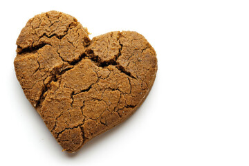Heart-shaped slice of rye bread on white background, top view.