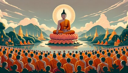Illustration for magha puja day with buddha sitting on a lotus flower and buddhist monks in orange robes.