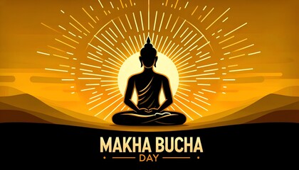 Illustration for makha bucha day in a flat style with a silhouette of a meditating buddha.