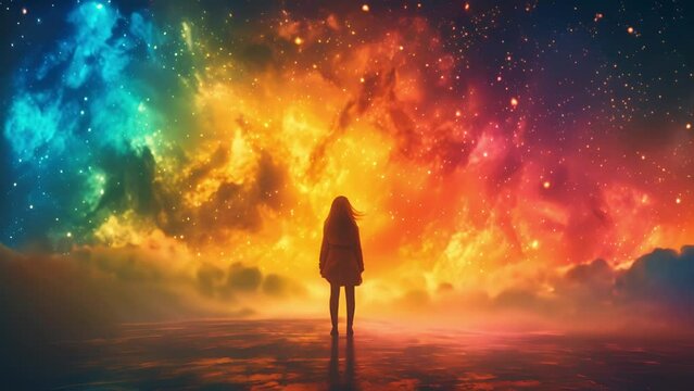虹色の夜空を見る女性のシルエット,Generative AI 