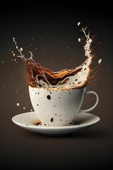 AI generated illustration of a white mug with hot liquid pouring out of it onto an open flame