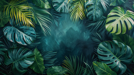 Tropical leaves, background with a copy of the space. Vector image, hand-painted watercolor tropical pattern. 