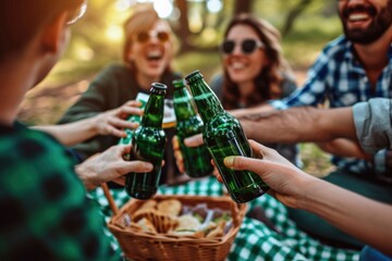 group of friends enjoying a meal, a smiling group of friends having a picnic and beer sitting in the park and communicating. blurred backgrounds