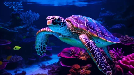Poster A majestic sea turtle, adorned in vibrant shades of purple and blue, glides gracefully through crystal-clear waters, illuminated by perfect lighting © Muhammad