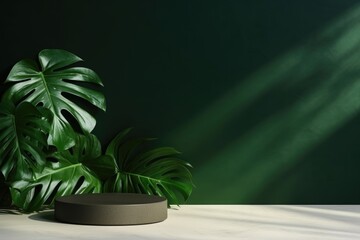 Empty table with monstera leaves shadow on green wall background.