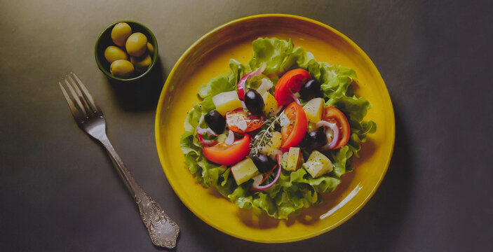 Um prato amarelo sobre a mesa, com sadala de vegetais prontos para o consumo.