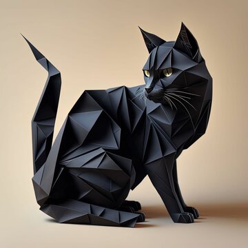 AI generated illustration of a black origami cat isolated on cream background