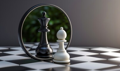3d render, chess game white pawn piece stands in front of the round mirror with reflection of black king. Contradiction or ambition metaphor. Perceptual distortion concept. Minimalist, Generative AI - obrazy, fototapety, plakaty