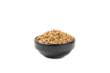 Green buckwheat in a bowl isolated on a white background. Superfood. Raw buckwheat porridge. Healthy vegan food, eco products, diet, organic.
