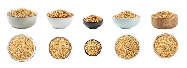 Green buckwheat in a bowl isolated on a white background. Superfood. Raw buckwheat porridge. Healthy vegan food, eco products, diet, organic.