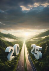 Fototapeta premium new year 2025, a picture of a highway in the middle of nature, copy space background ,generative ai art