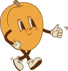 Funny apricot mascot isolated on white background. Smiling retro cartoon peach fruit character vector illustration.