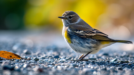 Photo of a yellow-rumped warbler standing on a gravel surface