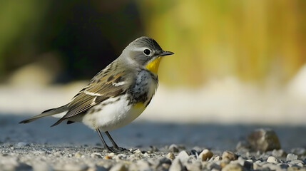 Photo of a yellow-rumped warbler standing on a gravel surface