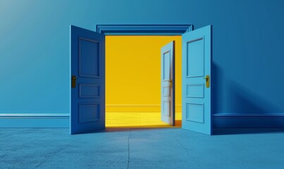 3d render, blue yellow background with double doors opening. Architectural design element. Modern minimal concept. Opportunity metaphor, Generative AI