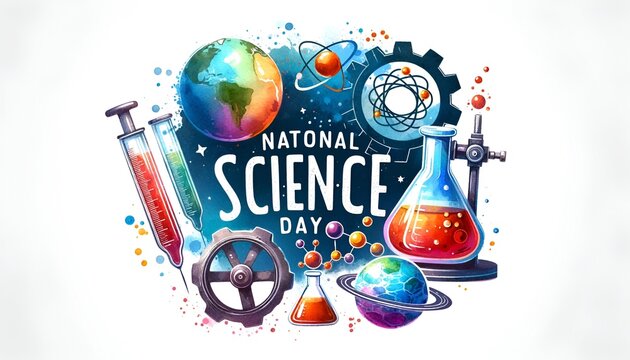 Watercolor painting style illustration for national science day with scientific elements.