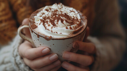 A person sipping on a rich and velvety hot chocolate, with swirls of whipped cream and cocoa powder on top, perfect for a cozy moment - obrazy, fototapety, plakaty