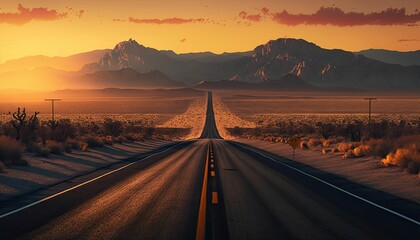 AI-generated illustration of a countryside road leading to the mountains at sunset - obrazy, fototapety, plakaty