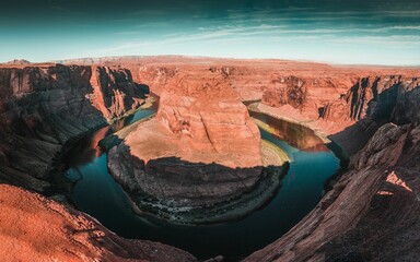 Drone shot of the rocky Horseshoe bend and Colorado river in Arizona, USA