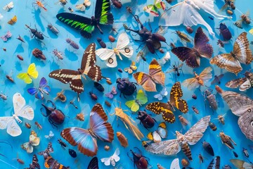 Top view of different butterflies and bugs on a blue background