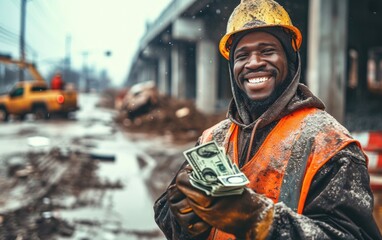 construction worker at work. Portrait of a happy worker in uniform standing on a construction site...