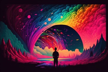 AI generated illustration of a person standing in front of a sphere in a variety of colors