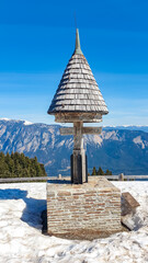 Wooden monument at mountain peak Often at Dreilaendereck, Karawanks, Carinthia, Austria. Triangle...
