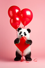 Cute panda bear with a red heart shaped balloons and a gift box. Valentine's Day, Women's Day design concept.