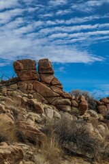 Vertical shot of huge rocks in Joshua Tree National Park in California