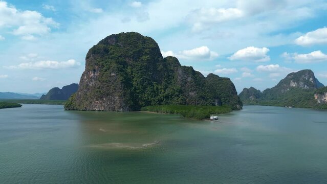 Drone view over rocky islands in Ko Panyi, Thailand