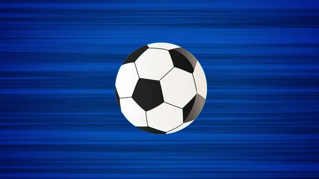 Flying soccer ball on blue background. Looped animation of throwing a ball. Moving football on dynamic abstract background. Animated football ball in motion. Anime style drawing with action effect.