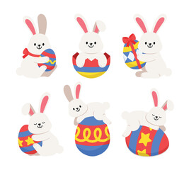 Easter Bunny Rabbit and Eggs vector illustration set isolated on white background. Egg with pattern. Cute colorful cartoon character design for seasonal holiday celebration decoration.