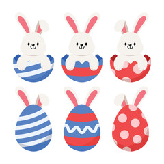 Easter Bunny Rabbit and Eggs vector illustration set isolated on white background. Egg with pattern. Cute colorful cartoon character design for seasonal holiday celebration decoration.