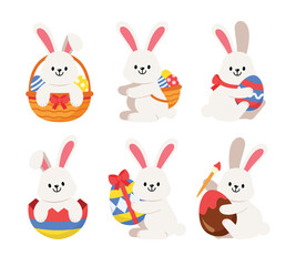 Easter Bunny Rabbit and Eggs vector illustration set isolated on white background. Egg with pattern. Cute colorful cartoon character design for seasonal holiday celebration decoration.