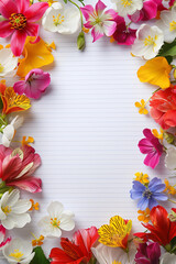 lined paper blank sheet, writing page with spring beautiful flowers