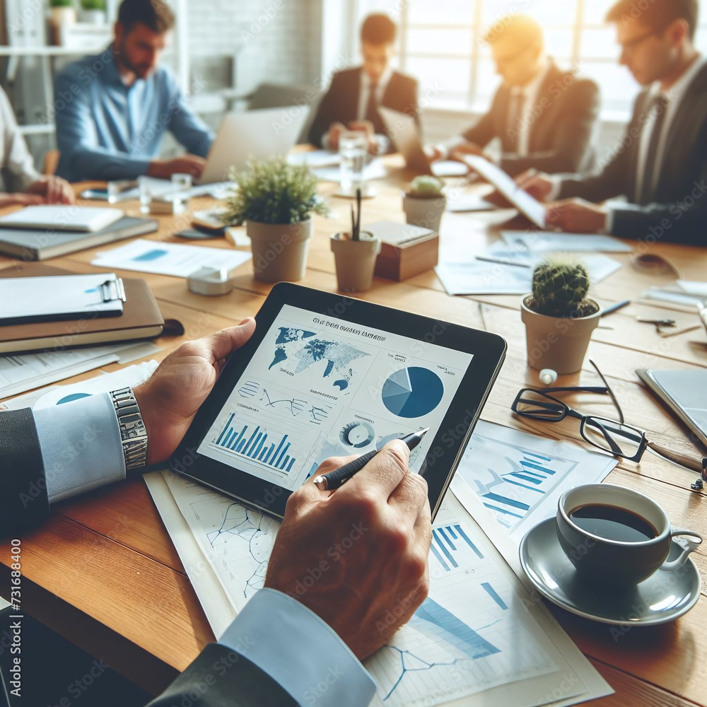 Poster businessman using tablet pc in office. closeup of male hands using digital tablet with charts and gr