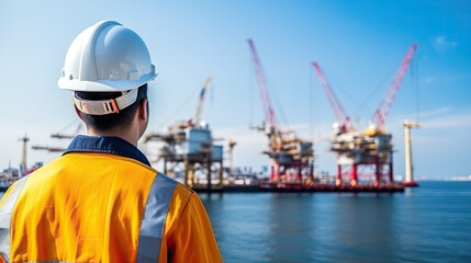 Engineer having a portrait photo with a platform offshore background.