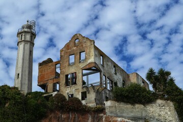 Front facade of an old ruined house in Alcatraz Island, San Francisco