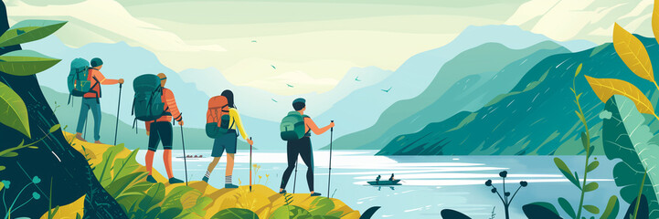 illustration template with tourists. Travel concept of discovering, exploring and observing nature. Hiking. Travelers climb with backpack and travel walking sticks. Website background. Flat landscape - obrazy, fototapety, plakaty