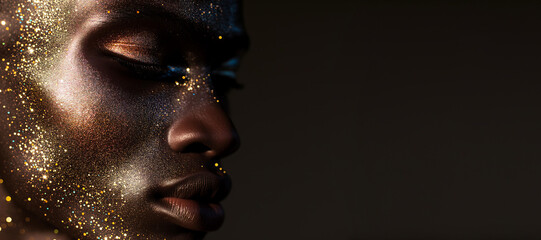 
portrait of a black man wearing shiny and bright glitter make up