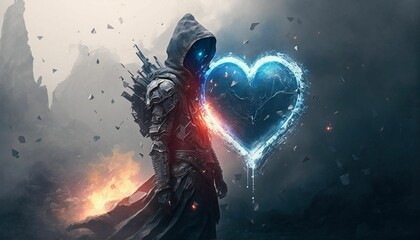 AI-generated illustration of a man illuminated by the burning flames of a heart-shaped object.