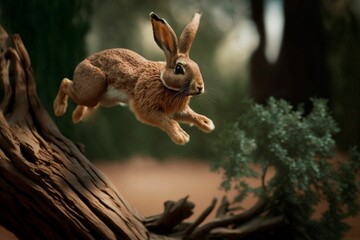 AI generated illustration of a brown rabbit running through a lush, green forest - obrazy, fototapety, plakaty