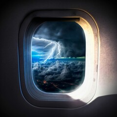 Naklejka premium AI generated illustration of a view of a plane window with clouds illuminated by lightning