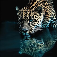 Majestic leopard drinking water from a pond in a dimly lit environment