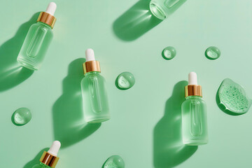 Obraz premium set of serum or oil bottles with a droppers on a pastel light green background, top view
