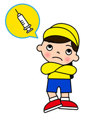 注射を想像して不安になる小学生の男の子 全身正面と注射器の吹き出しのイラスト