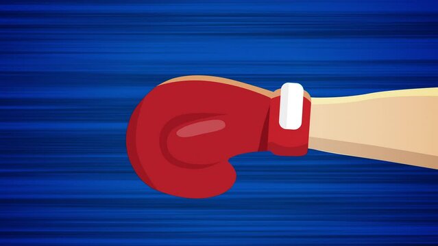 Flying boxing glove on blue background. Animation of flying object. Different versions in my portfolio: red and blue background, another angle and central object. Looped animation
