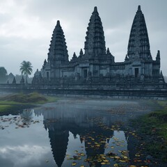 Fototapeta premium The beauty of a misty Hindu temple in the morning with an exotic atmosphere complete with waterfalls, rivers and reflections of sunlight. Concept for religion, travel, culture etc. Generative ai