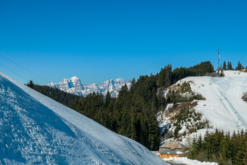 Scenic view of snowcapped mountain peaks of Julian Alps seen from Dreilaendereck, Karawanks,...