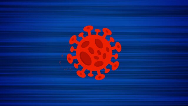 Flying virus on blue background. Looped animation of jumping corona virus. Moving COVID on dynamic abstract background. Animated COVID-19 in motion. Anime style drawing of virus molecule with action